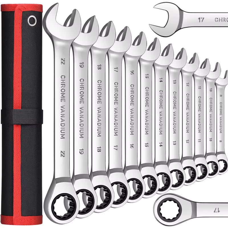 Ratcheting Combination Wrench Set,12 Point Box End and Open End Wrench Set Spanner Fit for Garage,Home DIY, Repair,Maintenance