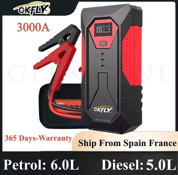 Power Bank Arrancador de Coche Multifunción, Cargador de Batería de Emergencia 12V con Display Digital y Linterna.
