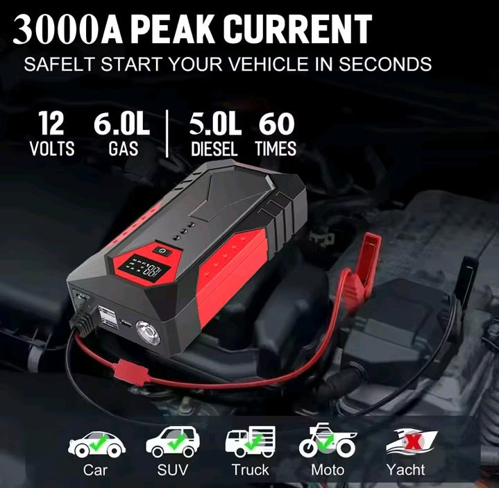 Power Bank Arrancador de Coche Multifunción, Cargador de Batería de Emergencia 12V con Display Digital y Linterna.