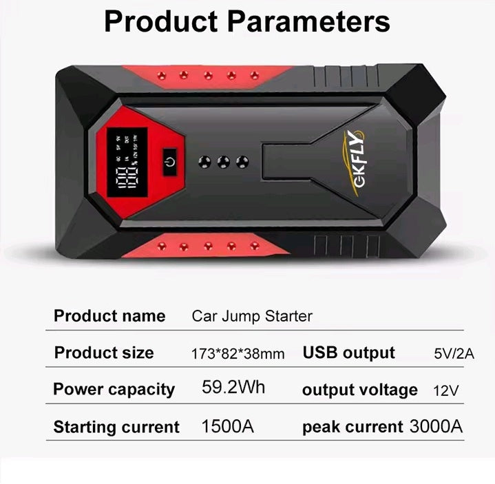 Power Bank Arrancador de Coche Multifunción, Cargador de Batería de Emergencia 12V con Display Digital y Linterna.